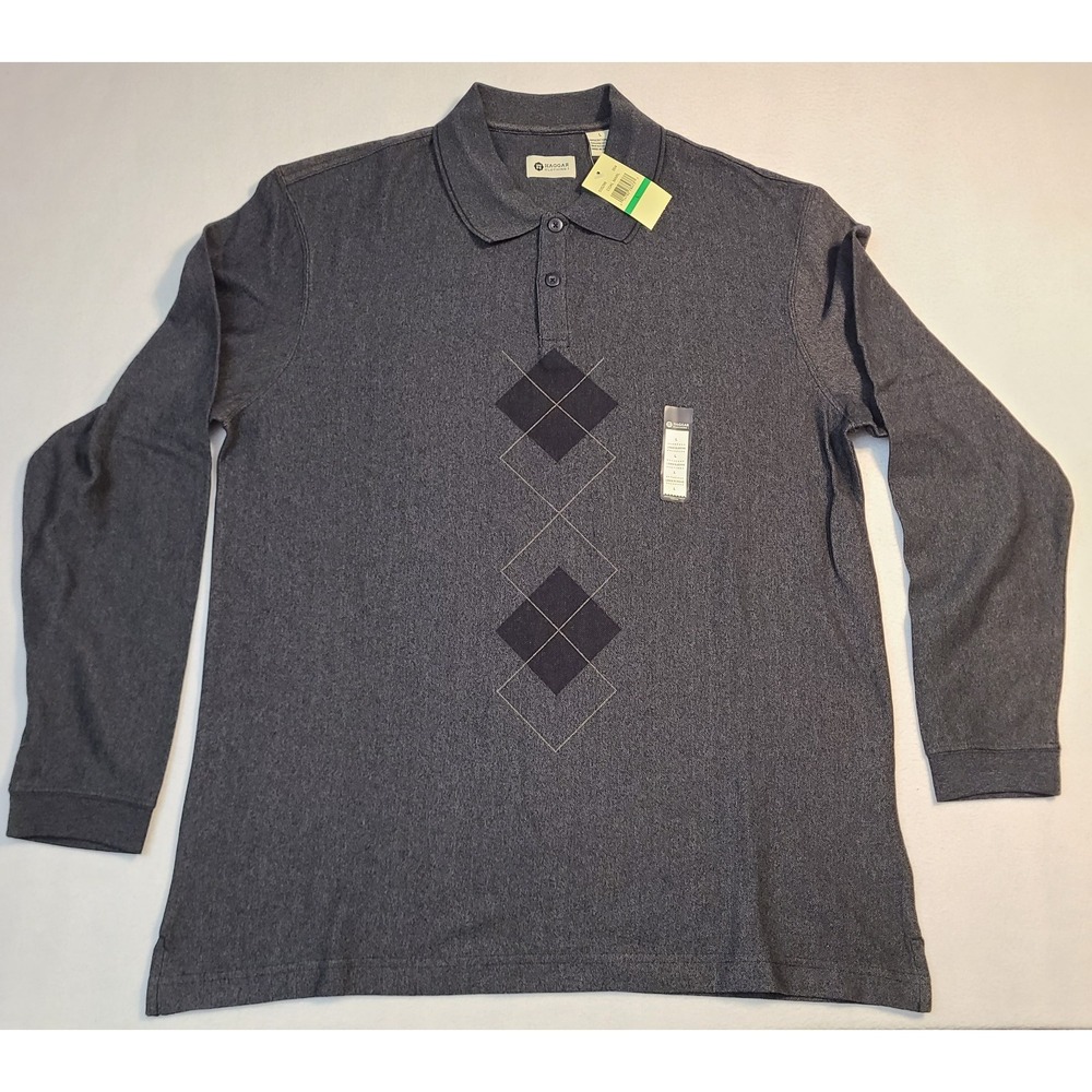 Haggar Mens Large Gray Long Sleeve Polo Shirt Argyle Cotton Blend NWT Classic